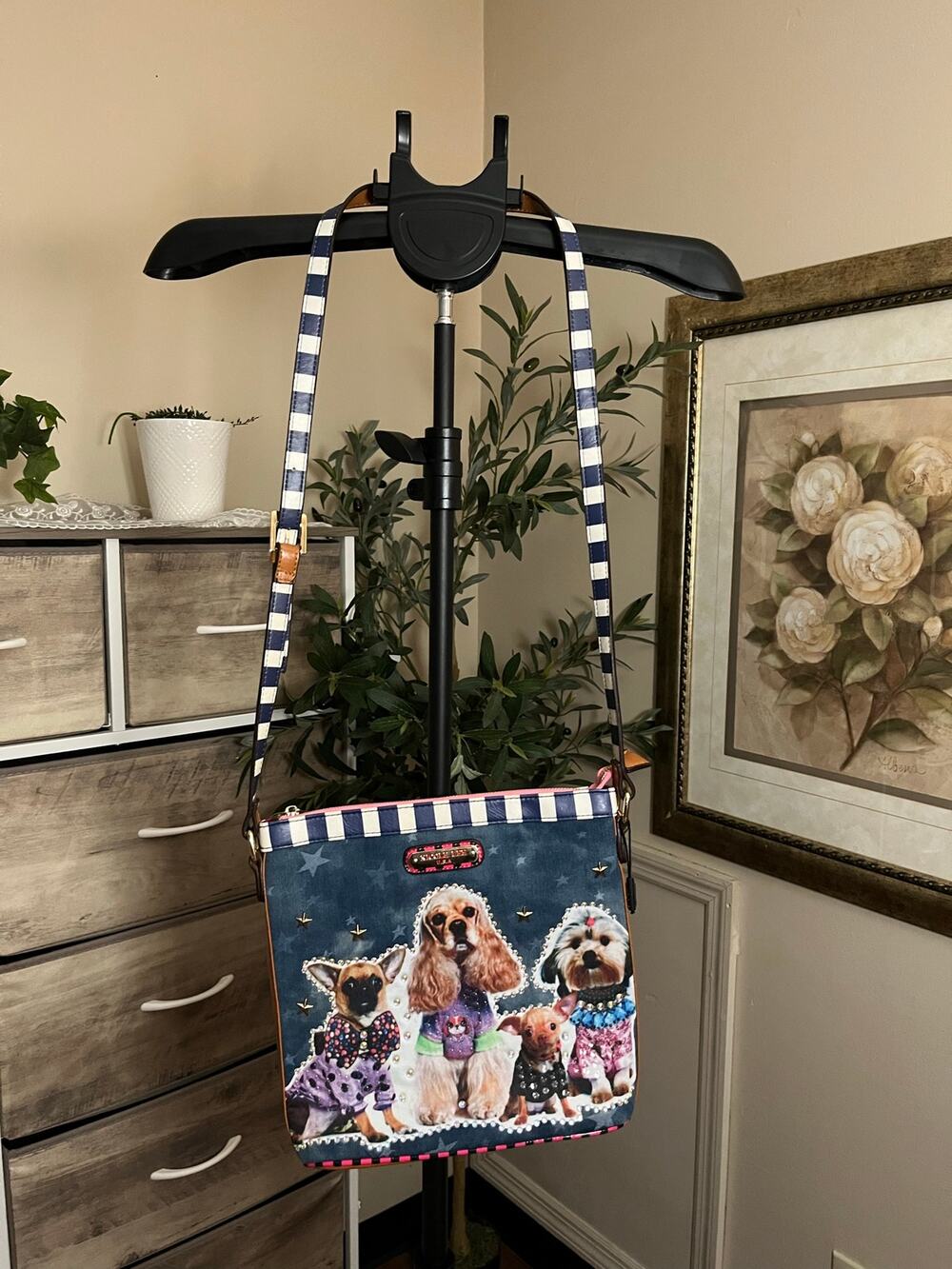 Nicole Lee USA Dog Crossbody Bag Rhinestone Denim Star Striped Purse